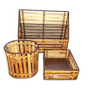 Vintage set of woven bamboo desktop organizers pen cup sticky note mail